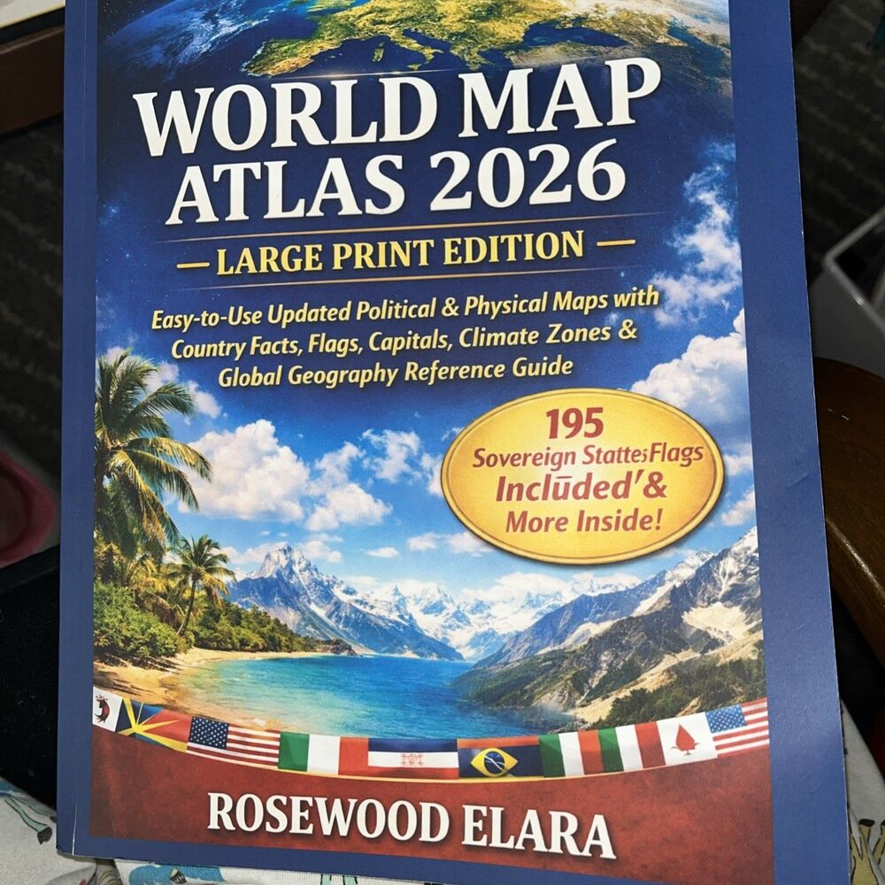 Large Type World Atlas/Large Print 2026 Rosewood Elara Political Physical Flags